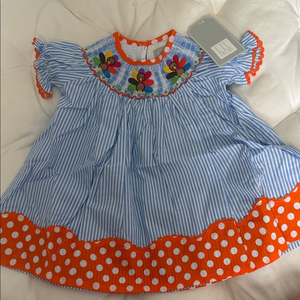 Smocked and striped turkey embroidered dress NWT